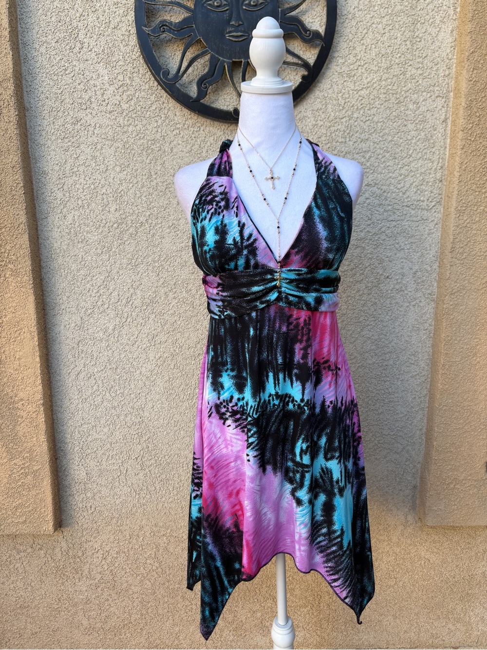 Mesmera Tie-Dye Halter Dress Ruched Empire Waist Handkerchief Hem Tropical Y2K